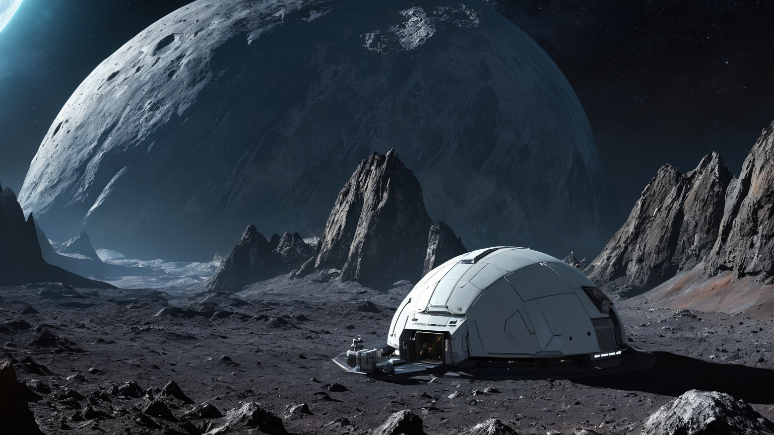 Kupole s přechodovou komorou na povrchu asteroidu s nehostinou hornatou krajinou v pozadí.