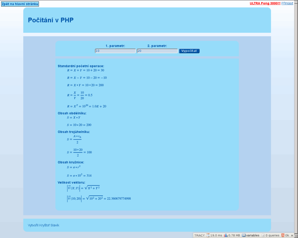 Česká výpočetní webová stránka v PHP se vstupními poli pro dva parametry, tlačítko "Vypočítat" a zobrazené matematické operace pomocí hodnot 10 a 20.