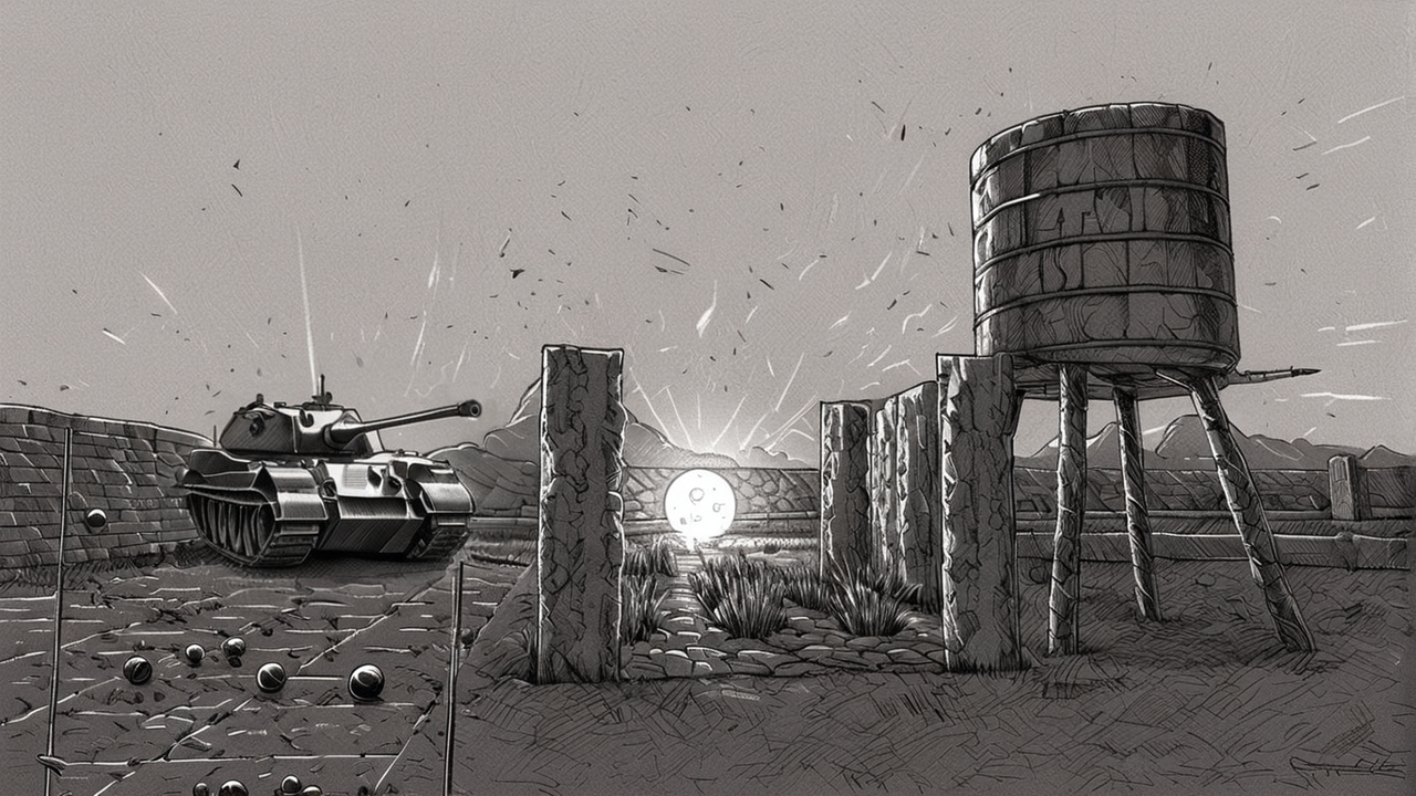 Černobílá ilustrace zobrazující tank, kamenné bariéry, vodní věž, rozptýlené trosky a rozzářenou kouli proti pusté krajině.