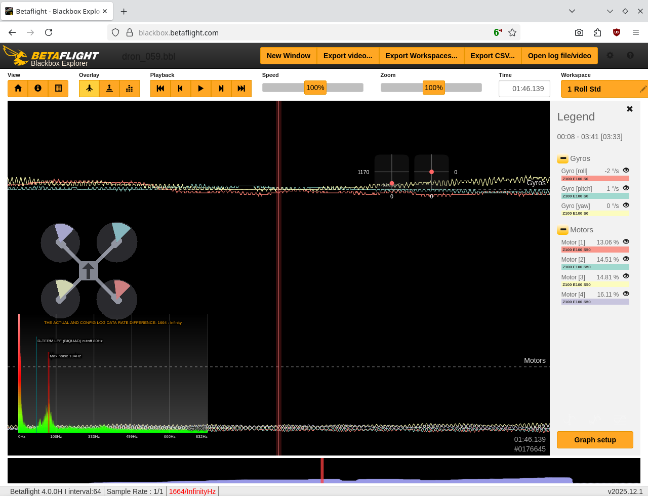 Screenshot webové aplikace Betaflight Blackbox Explorer zobrazující grafy letových dat a histogram šumu na gyroskopu v závislosti na frekvenci ukazující dobře kontrolovaný šum se špičkou na 134 Hz.