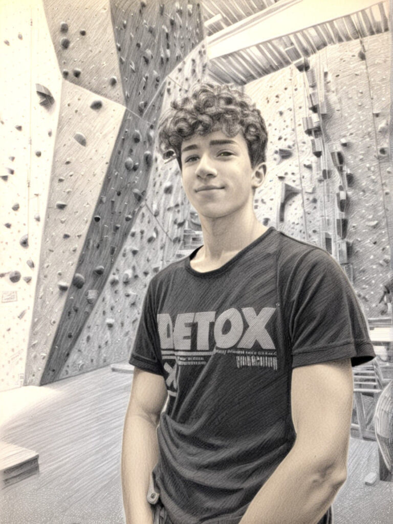 Mladík s černým tričkem "DETOX" stojí před vnitřní horolezeckou stěnou s mnoha chyty.