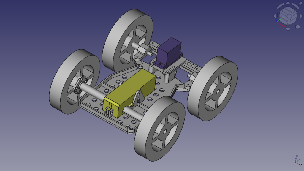 3D model čtyřkolové robotické platformy se žlutým blokem motoru, fialovým servem a perforovanou konstrukcí rámu s řízením.