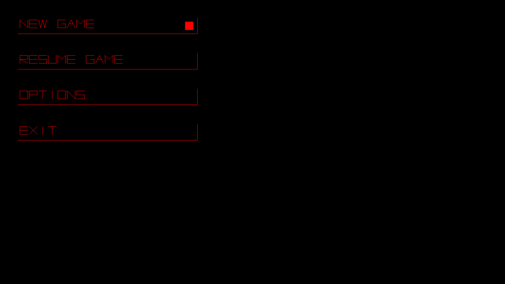 Menu s červeným textem a orámováním zobrazující možnosti: "NEW GAME" (vybrané s červeným čtvercem), "RESUME GAME," "OPTIONS" a "EXIT."