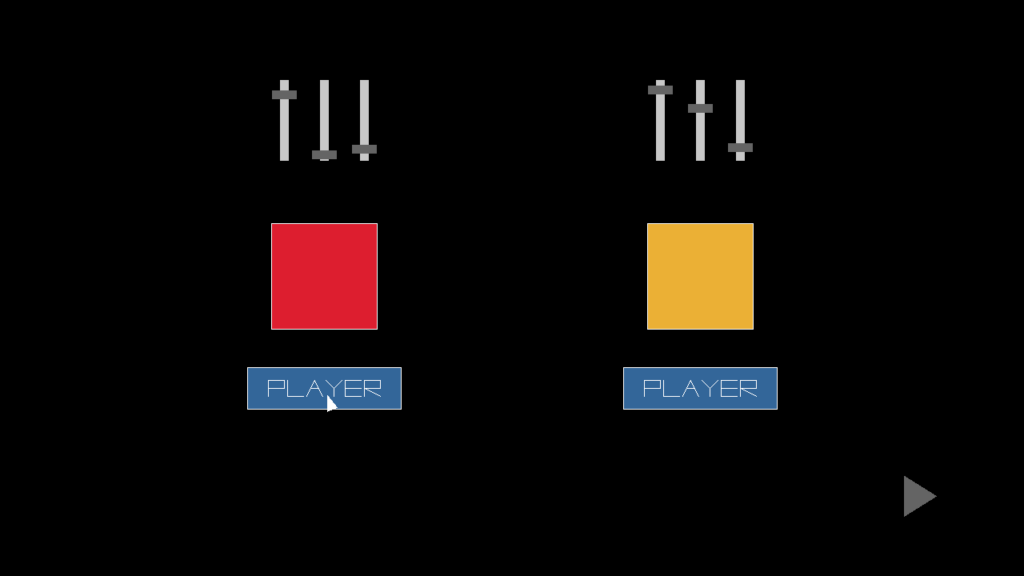 Výběr barvy dvou hráčů s vertikálními ovládacími prvky a štítkem "PLAYER" níže.