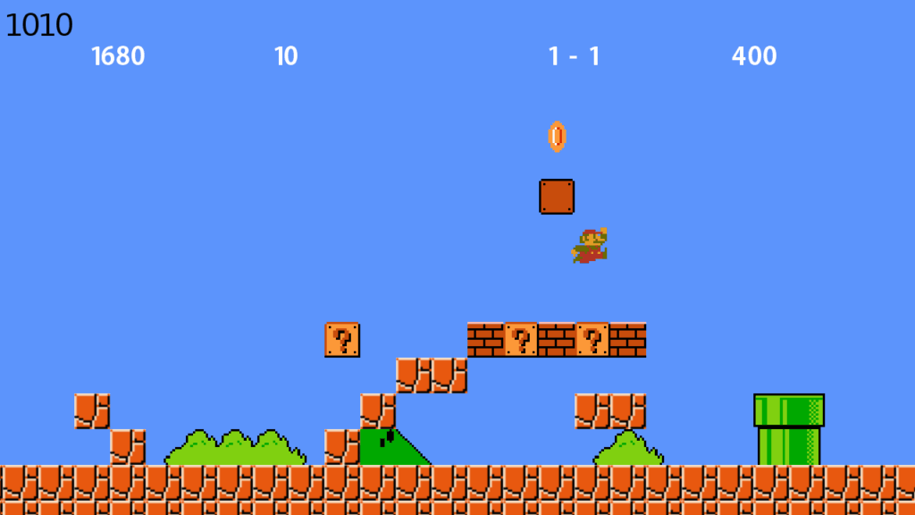 Screenshot hry ve stylu Mario Bros., ve kterém postava skáče blízko cihel, otazníky, mince, a zelené trubky, skóre a indikátor životů.
