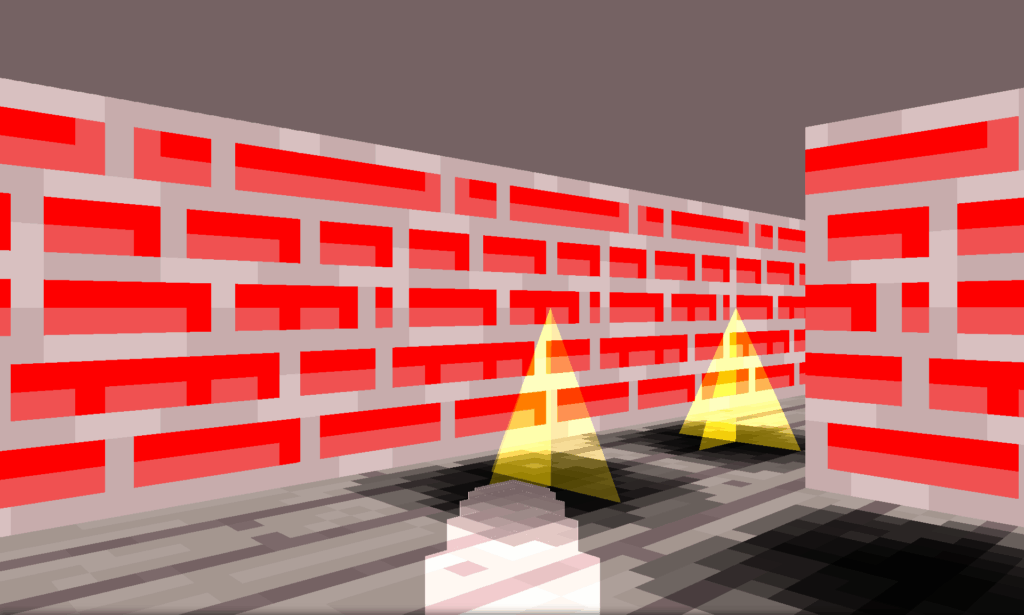 3D pixelované bludiště s červenými a bílými stěnami, dvě žluté průhledné pyramidy na šedé a černé dlažbě na tmavém pozadí.