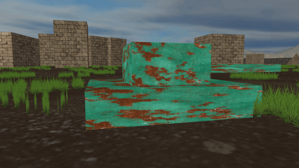 Hranatý tank s texturou oprýskané barvy na travnaté zemi s kamennými stěnami v pozadí.