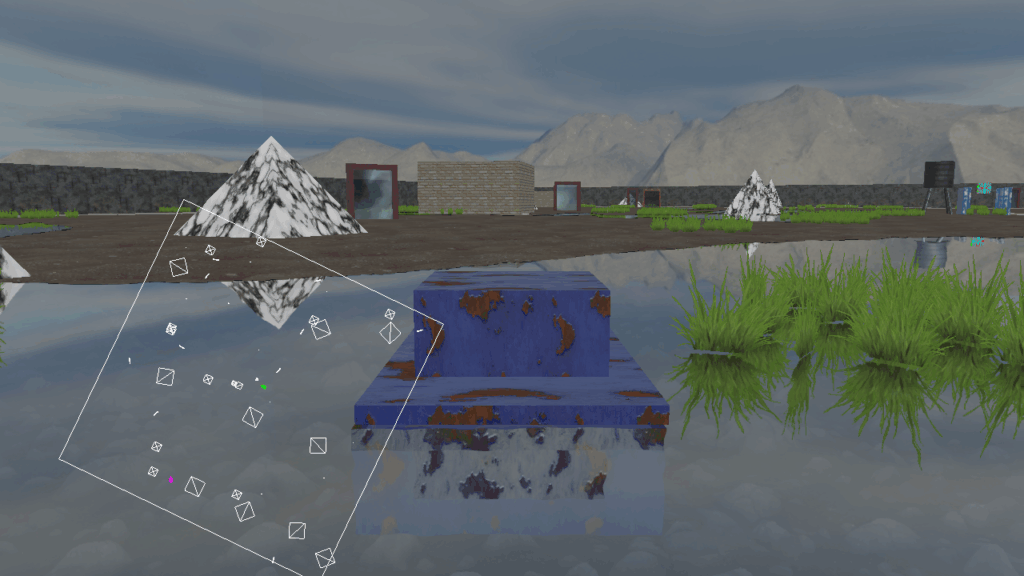 3D scéna s reflexní vodou, modrým rezavý tankem ve vodě, travními shluky, mramorové pyramidy, cihlová budova, vzdálené hory, a nakreslenou mapou.