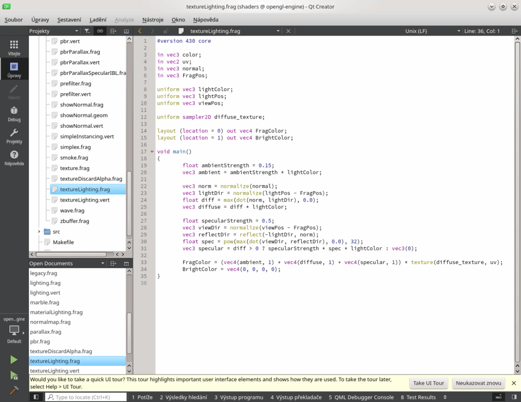 Screenshot Qt Creator IDE zobrazující OpenGL shader s kódem texturování a osvětlení a výpis souborů projektu na panelu vlevo.