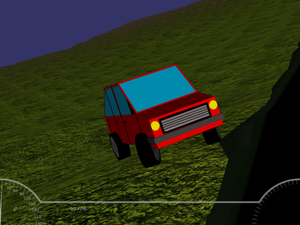 Červené hranaté 3D auto s modrým oknem a žlutými světlomety umístěnými na zeleném svahu, zobrazující UI s textem "40 FPS".