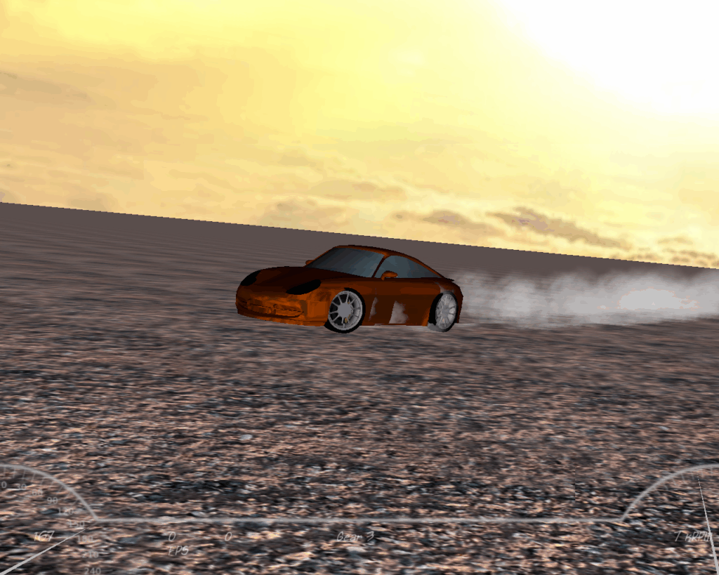 Červené sportovní auto driftující na kamenitém terénu pod oblohou západu slunce překrytý HUD prvky.