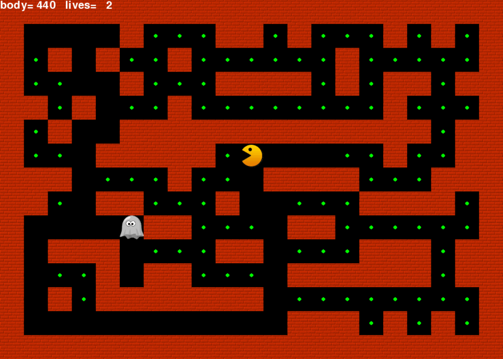 Herní obrazovka se žlutým Pac-Man, šedým duchem, zelenými tečkami, bludištěm a textem "body=440 žije=2" na vrchu.