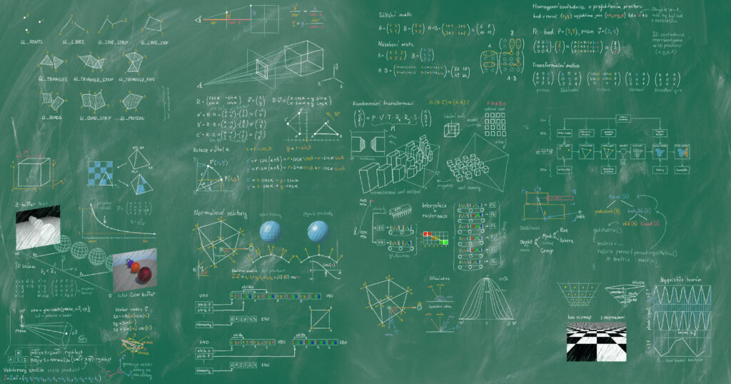 Zelená tabule naplněná ručně psanými poznámkami a diagramy zahrnujícími koncepty počítačové grafiky, včetně OpenGL primitivů, lineární algebry, 3D transformace a vykreslovací techniky.