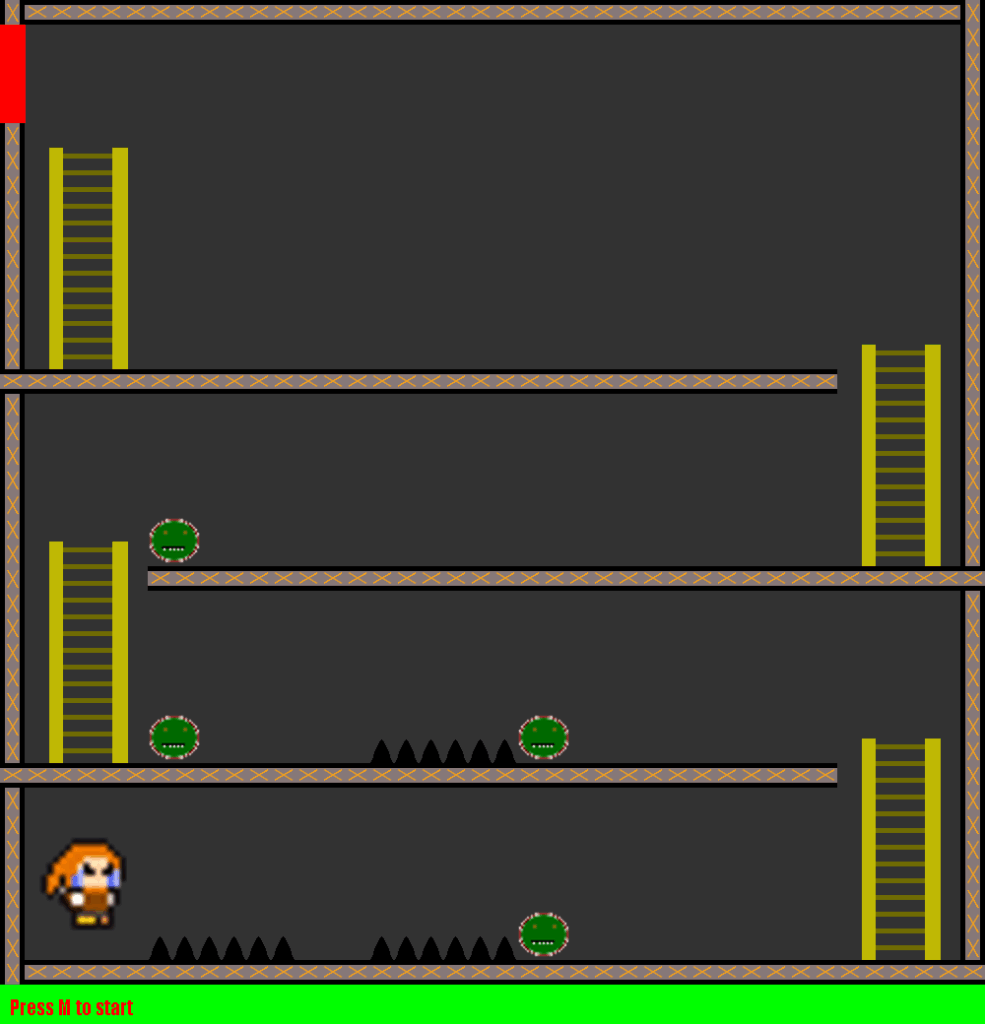 Scéna z plošinové hry s postavičkami ve stylu pixel art, zelenými kruhovými nepřáteli, žlutými žebříky a výzvou "Press M to start".
