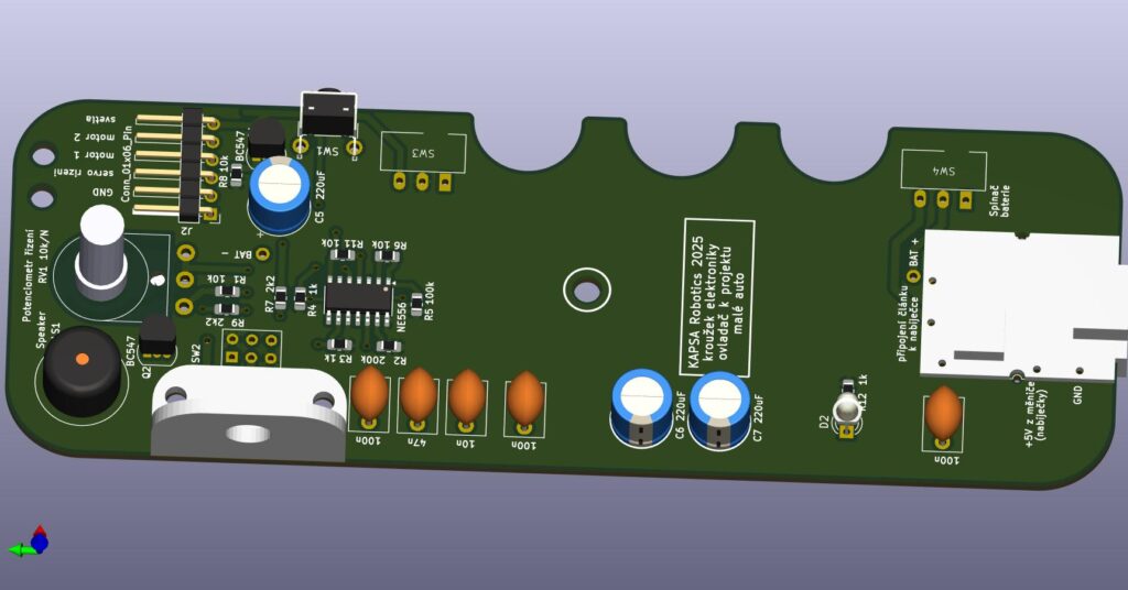 3D render zelené desky tištěných obvodů s popsanými elektronickými součástmi včetně kondenzátorů, rezistorů, spínačů a reproduktorů pro projekt KAPSA Robotics 2025.