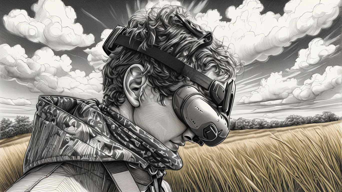 Černobílá ilustrace osoby s kudrnatými vlasy s FPV brýlemi na hlavě a kapucí, stojící v travnatém poli pod oblohou.