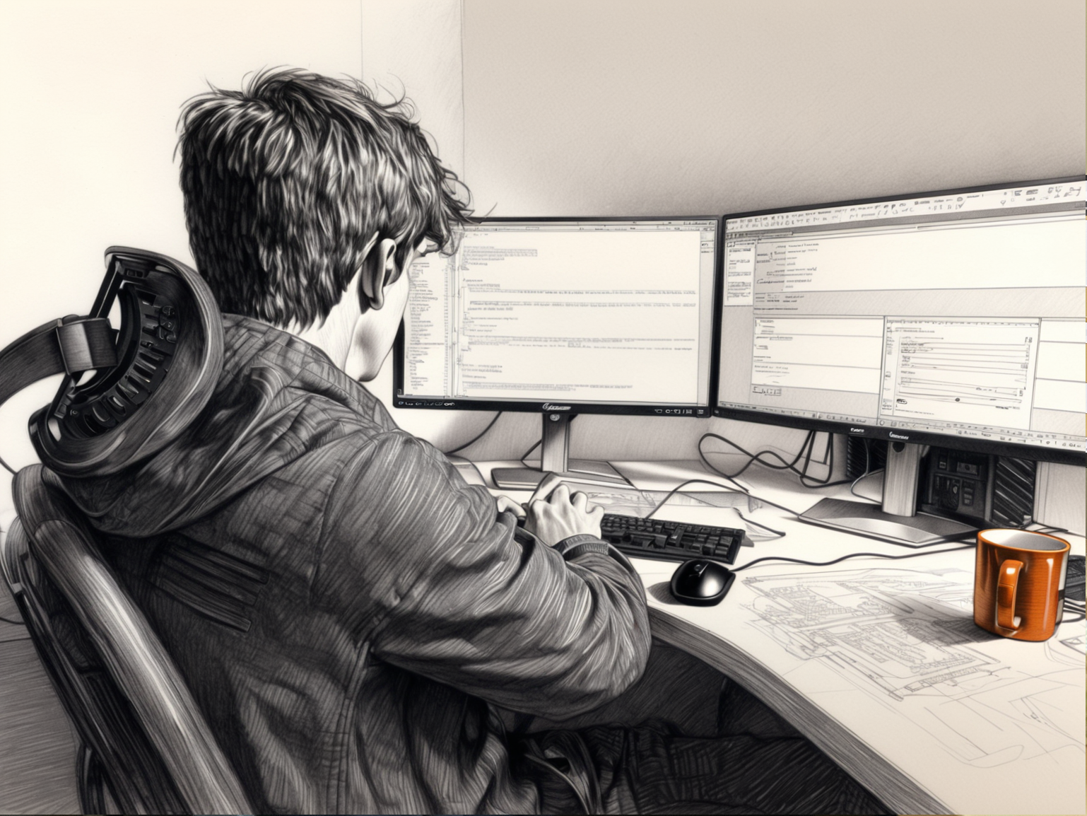 Student pracuje na počítači se dvěma monitory, klávesnicí, myší, červeným hrníčkem.