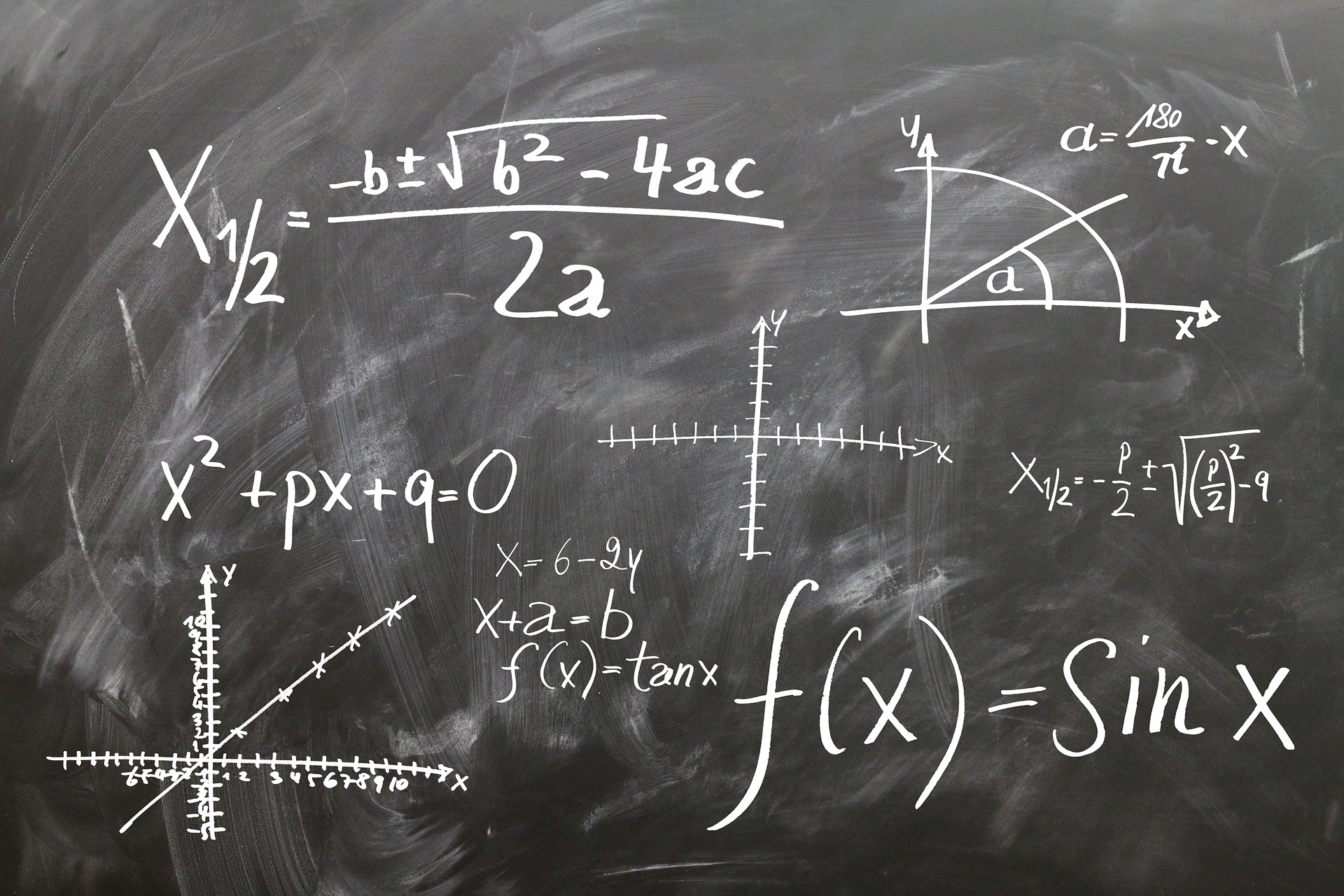 Školní tabule zobrazující ručně napsané matematické rovnice, kvadratický vzorec, trigonometrické funkce, úhel konverze, a grafy.