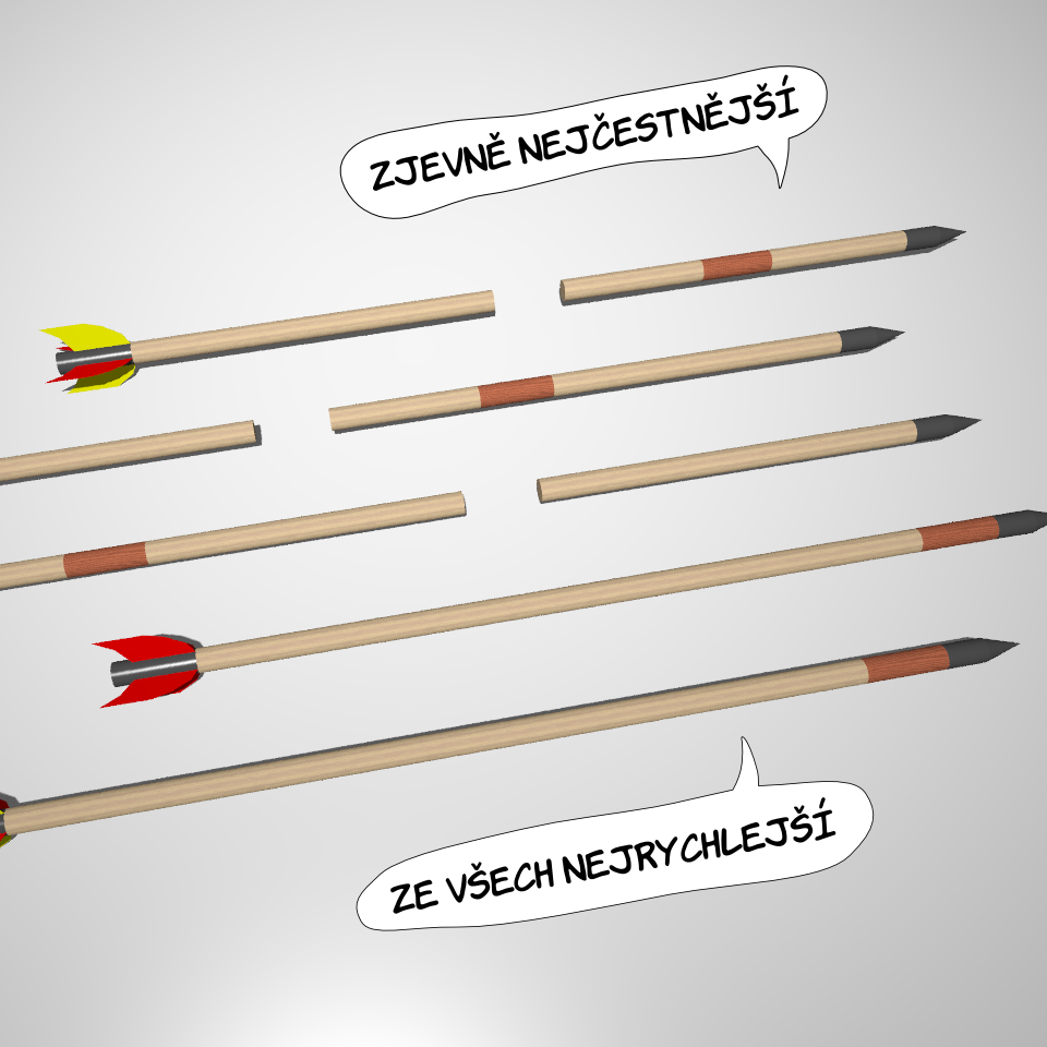 Digitální ilustrace obsahující šípy, mezery a hnědě pruhovaným dřevem a slovní bubliny obsahující text "zjevně nejčestnější" a "ze všech nejrychlejší".