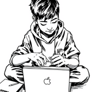 Černobílá ilustrace kluka, jak sedí přes nohu s notebookem s logem Apple.