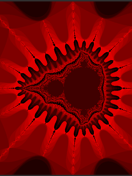 Červený fraktálový vzor s tmavým centrálním tvarem a radiálními geometrickými vzory.