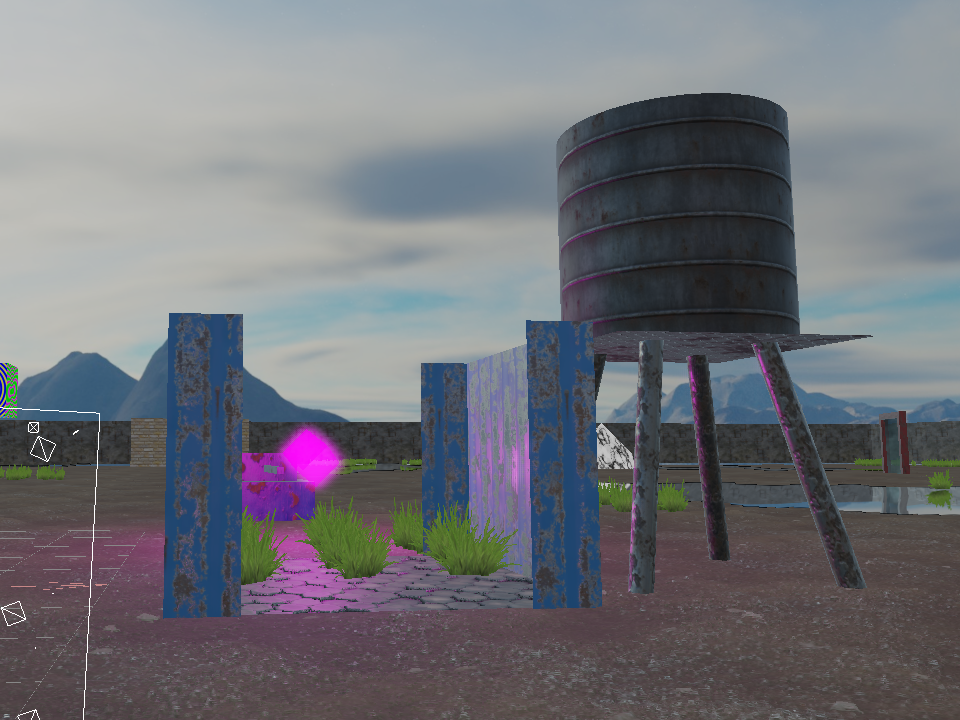 3D scéna s modrými rezavými pilíři podpírající velkou vodní nádrž, růžová zářící střela ve tvaru kostky, tráva, cihlová zeď, vzdálené hory.