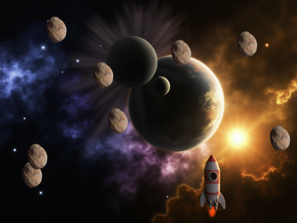 Červenobílá raketa s plamenem letí u planet a asteroidů – screenshot kosmické hry z kroužku programování.