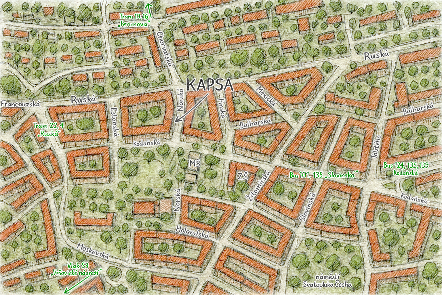 Ručně kreslená mapa okolí Kapsy v češtině, zobrazující ulice, tramvaje či autobusové trasy (např. tramvaj 22, 4 "Ruská"), památky jako "náměstí Svatopluka Čecha" a dopravní zastávky.