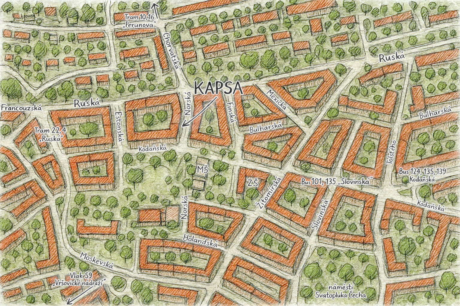 Ručně kreslená mapa okolí Kapsy v češtině, zobrazující ulice, tramvaje či autobusové trasy (např. tramvaj 22, 4 "Ruská"), památky jako "náměstí Svatopluka Čecha" a dopravní zastávky.